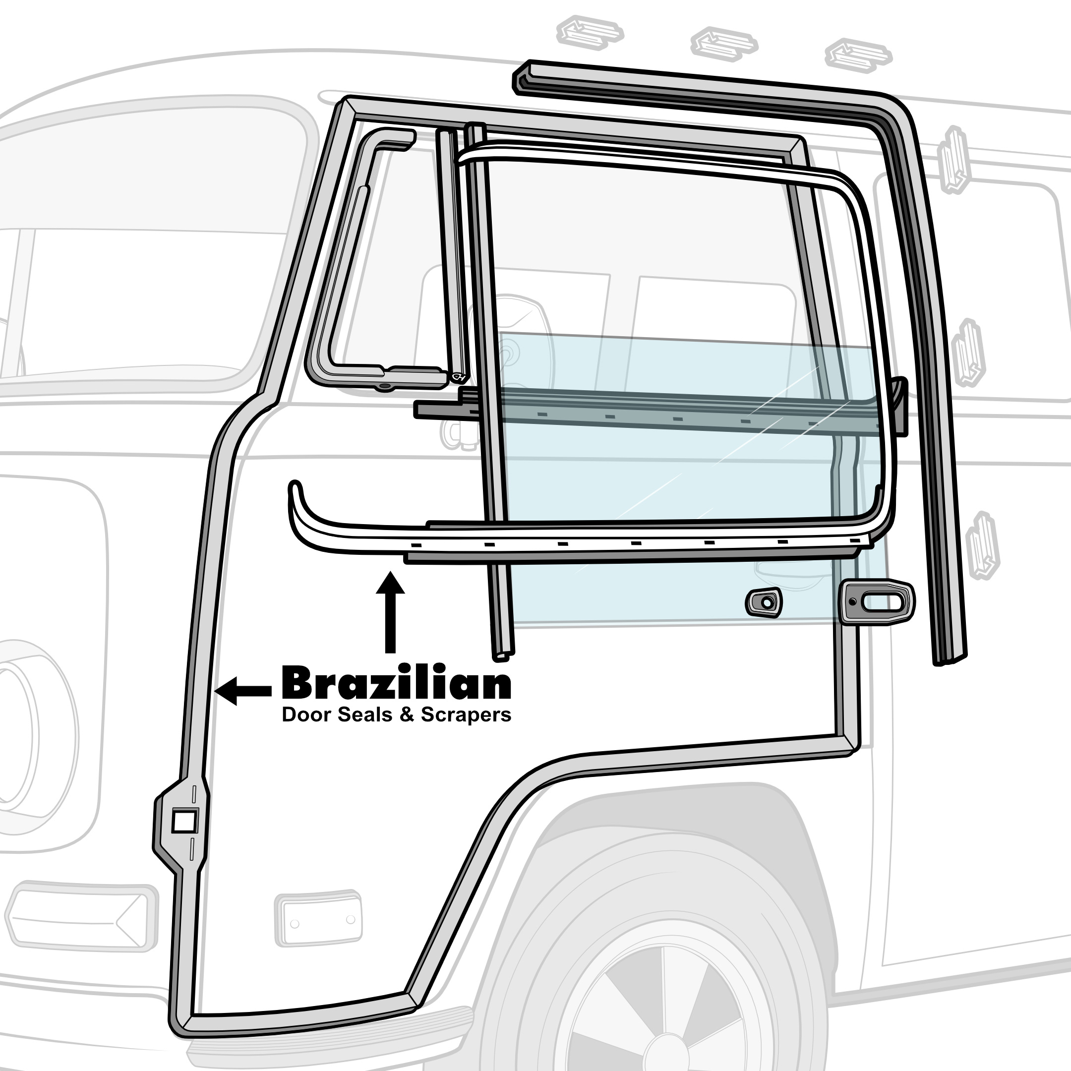 1968-79 VW Bus Door Rubber Kit - Brazilian Door Seals & Scrapers - Covers Both Doors