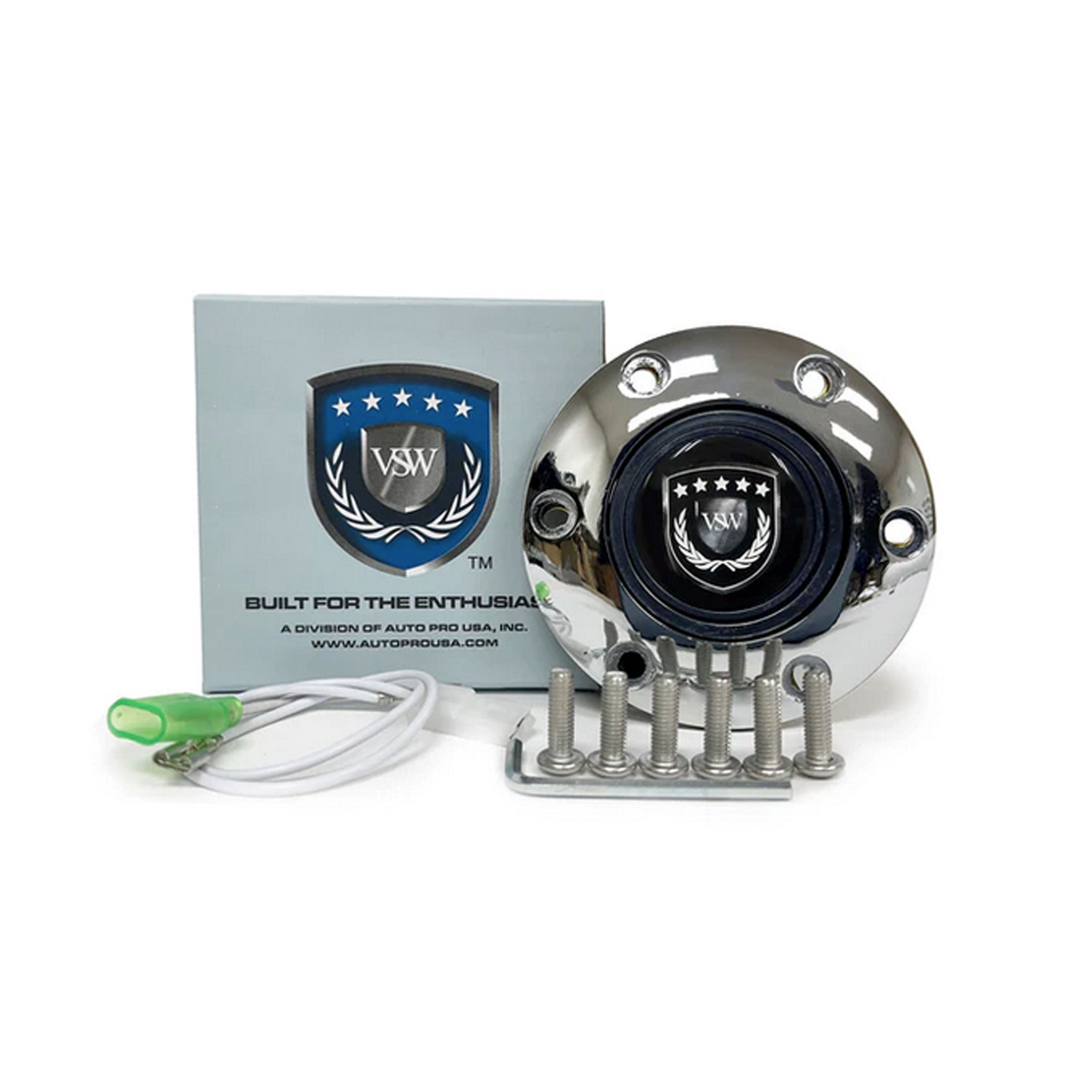 Volante S6 VW Horn Button Kit - Chrome - Black Volante Emblem - 6 Bolt